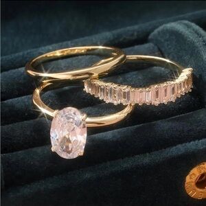 3-Piece Oval Engagement Ring Set Baguette Eternity Band CZ Size 6 NWT